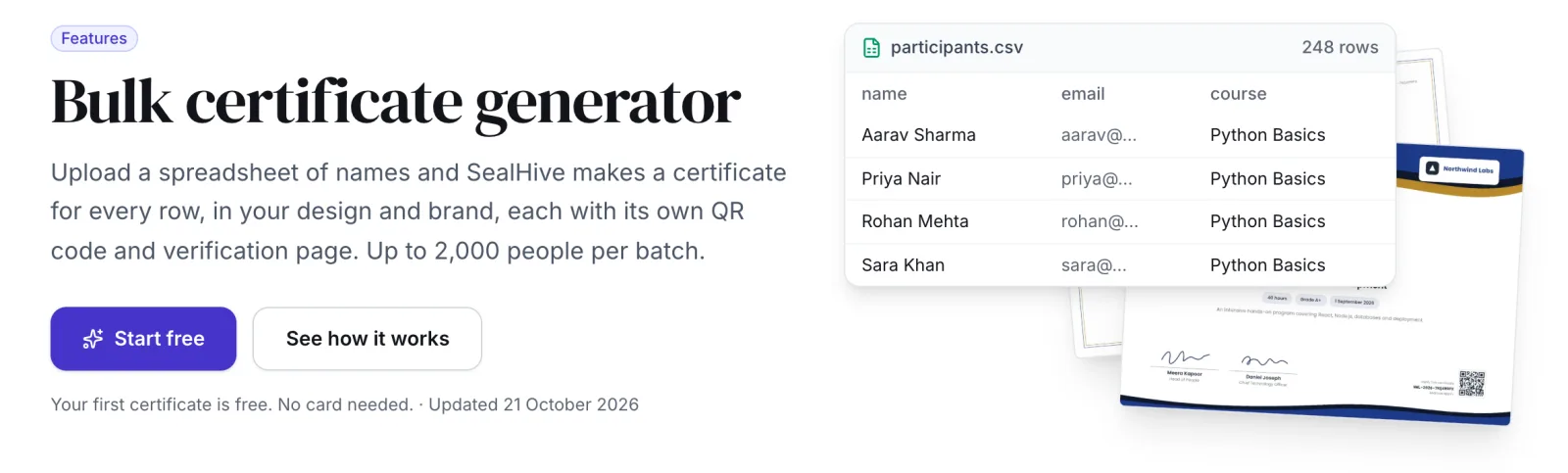The SealHive bulk certificate generator page, showing a participants.csv file and a stack of certificates.