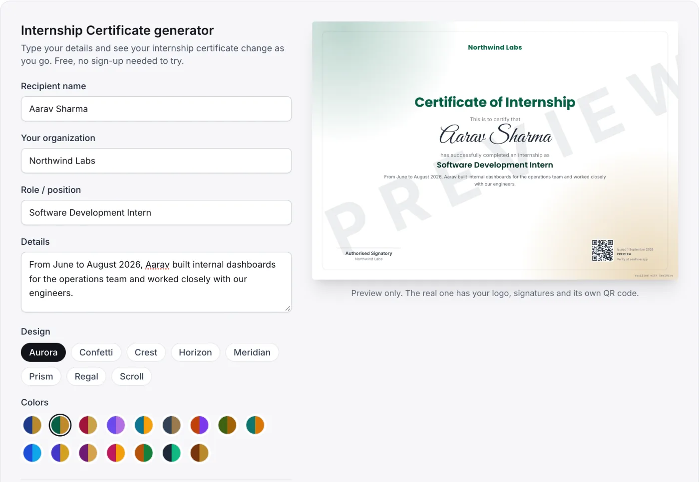The SealHive internship certificate generator with a sample recipient, an emerald color and a watermarked live preview.