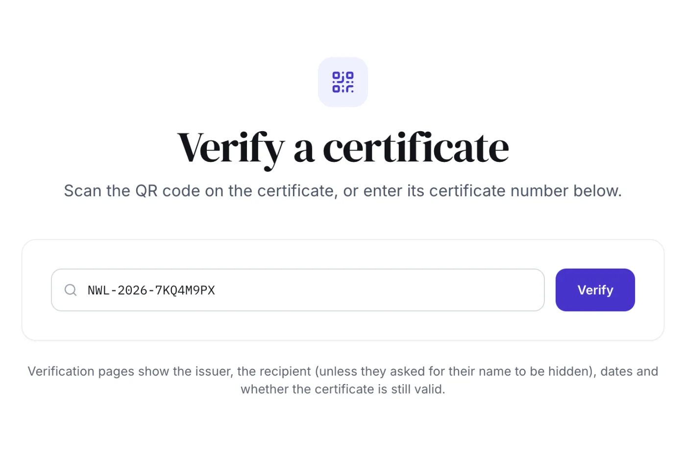 The public SealHive verification page with a certificate number entered in the search box.